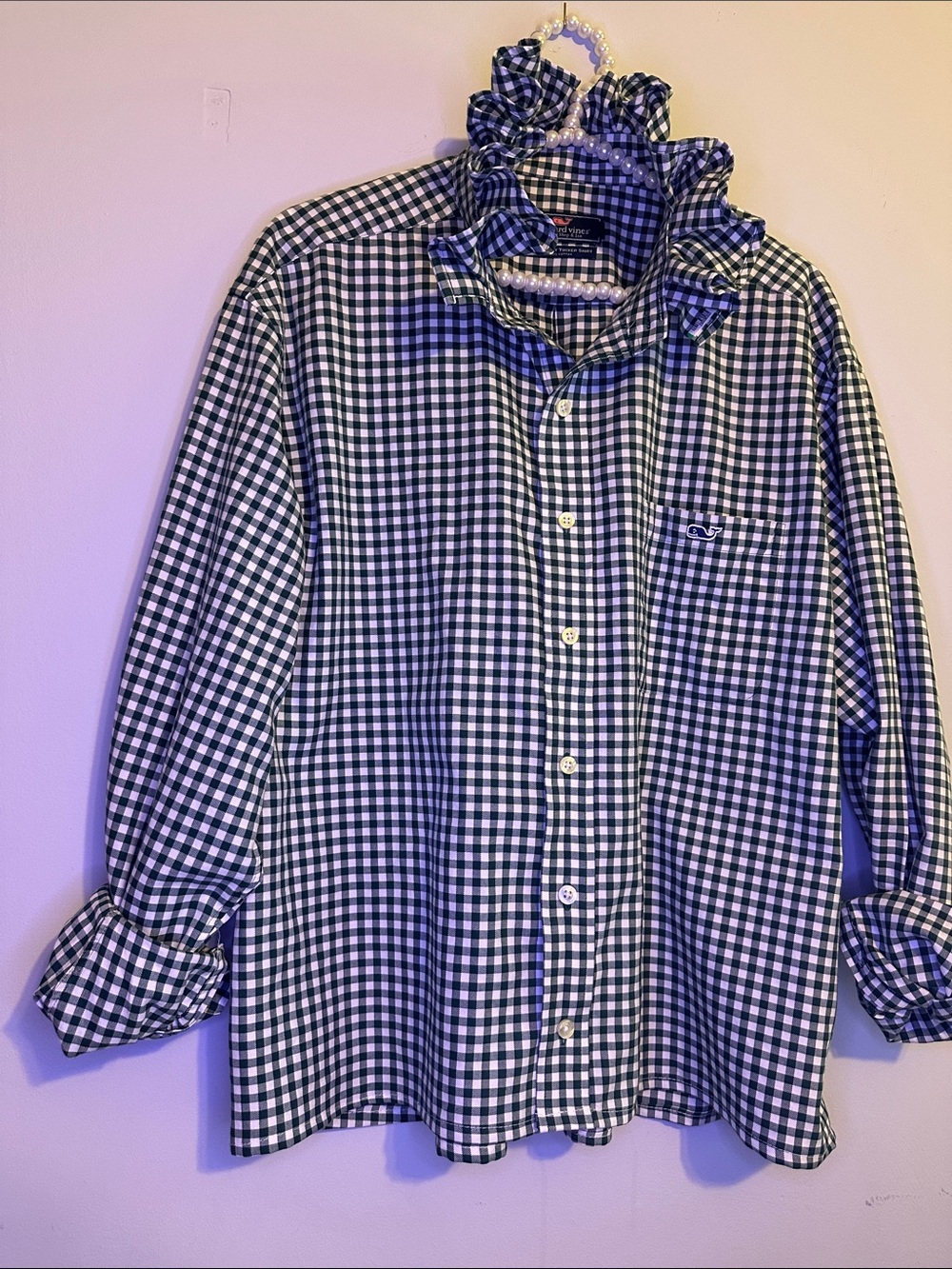 Vineyard Vines green and White Gingham Ruffled collar Shirt